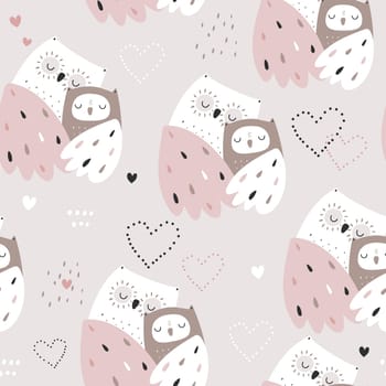 Seamless pattern with cute mom and baby owls. Childish owl birds pink background. Ideal for fabrics, textiles, apparel, wallpaper.