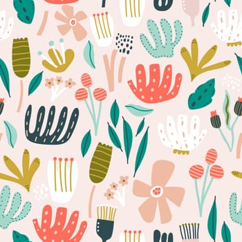 Seamless floral  pattern with leaves, flowers and berries. Spring, summer background. Perfect for fabric design, wallpaper, apparel. Vector illustration