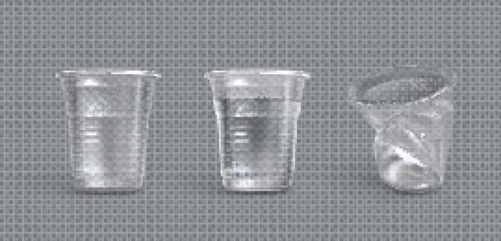 Plastic cups, crumpled and full of water disposable mugs isolated on transparent background. Crumple trash, used empty container for beverages, pollution concept, Realistic 3d vector illustration