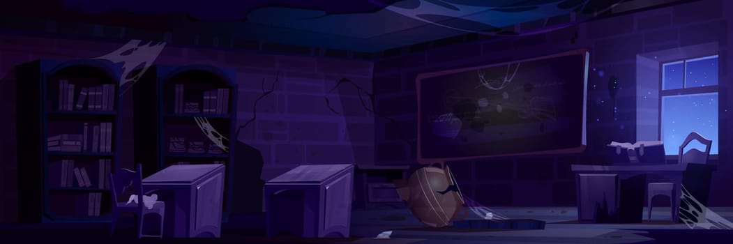 Abandoned magic school, night classroom interior with broken furniture, cracked walls, wooden desks and spider webs on blackboard with chalk writings, crushed cauldron, Cartoon vector illustration