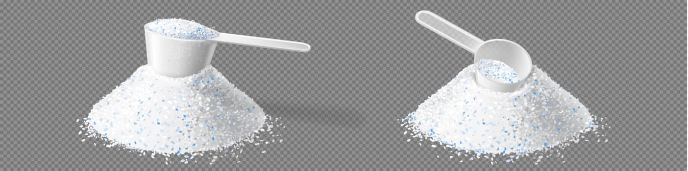 Washing powder piles with measuring scoop isolated on transparent background. Vector realistic set of white detergent heaps with blue particles. Granulated soap for laundry with measure cups