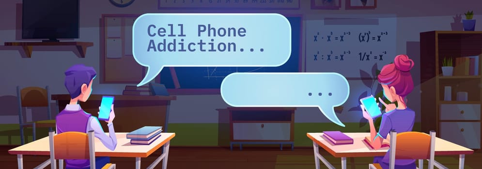 Students chatting by cell phones in classroom during mathematics lesson, gadget addiction concept with boring teenagers sitting at desks and communicate by smartphones, Cartoon vector illustration