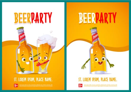 Beer party posters with cute characters of bottle and glass. Vector flyers with cartoon illustration of funny lager pint personage hugs with mug of beer. Invites for party in pub or bar
