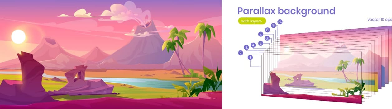 Prehistoric landscape with volcano eruption, river and palm trees. Vector parallax background for 2d animation with cartoon illustration of jurassic nature scene with mountains with smoking crater