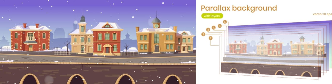 Old town street with retro european buildings and stone promenade. Vector parallax background for 2d animation with cartoon winter cityscape with vintage architecture and snow