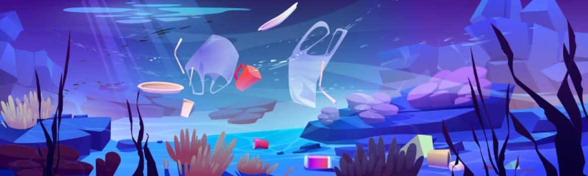 Plastic garbage on ocean bottom. Sea floor with different kinds of trash. Package wastes, bags, bottles floating in water. Ecology protection, underwater pollution concept, Cartoon vector illustration