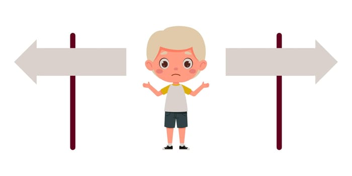 Cute little boy looking at road sign and decide the right way. Template for children design. Cartoon schoolboy character. Vector illustration.