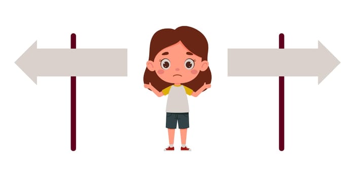 Cute little girl looking at road sign and decide the right way. Template for children design. Cartoon schoolgirl character. Vector illustration.