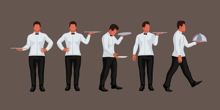 illustration of male waiter in different poses in set isolated on brown background
