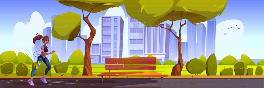 Young woman run in city park at beautiful morning cityscape view with trees and bench. Runner girl in headphones healthy lifestyle, outdoor fitness and jogging activity, Cartoon vector illustration