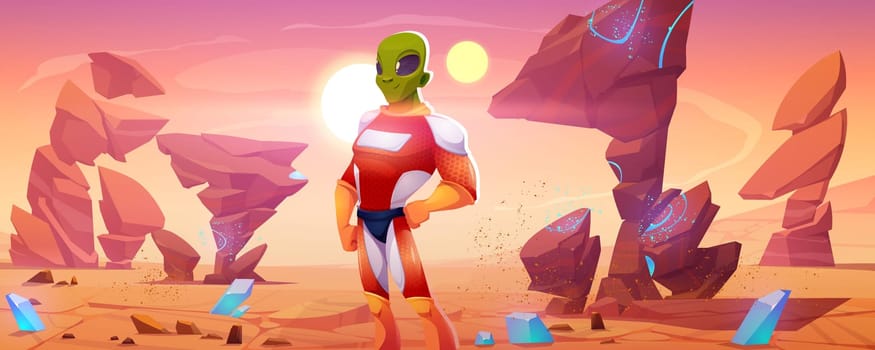 Alien character in spacesuit on Mars surface. Vector cartoon illustration of red planet landscape with rocks, blue crystals and green extraterrestrial astronaut