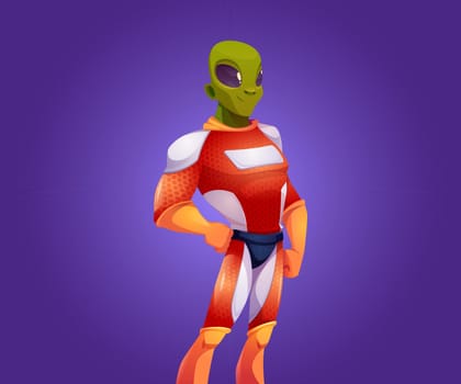 Alien character in spacesuit isolated on background. Vector cartoon illustration of green extraterrestrial astronaut in spaceman costume. Smiling humanoid cosmonaut