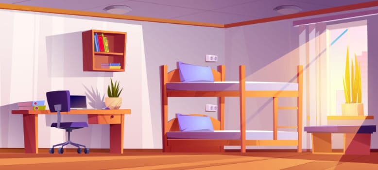 Student dormitory room with bunk, laptop on desk, office chair and bookshelf. Vector cartoon interior of empty dorm bedroom or hostel apartment with wooden bed with ladder and table