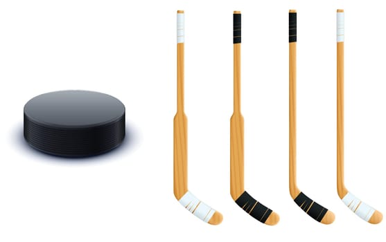 illustration of hockey equipment black color puck and wooden sticks isolated on white background