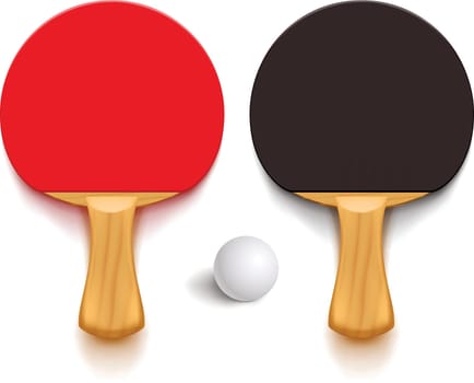 illustration of couple wooden ping pong rackets and ball with soft shadows on white background