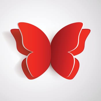 illustration of red color paper butterfly with shadow on bright background