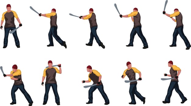 illustration of set man with machete in different poses isolated on white background