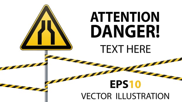 Carefully narrow the passage. Safety precautions. Warning sign. Yellow triangle with black image on the pole. barrier tape. Horizontal orientation. Vector illustration.