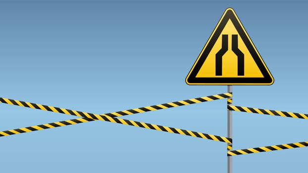 Carefully narrow the passage. Caution - danger. Warning sign. Yellow triangle with black image on pole and barrier tape. Horizontal orientation. Vector illustration.