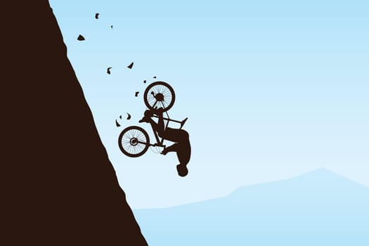 illustration of flying down bicycle rider silhouette from mountain