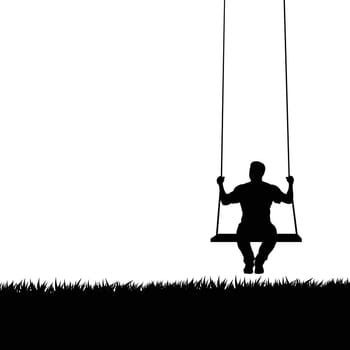 illustration of male silhouette sitting on swing with grass on white background