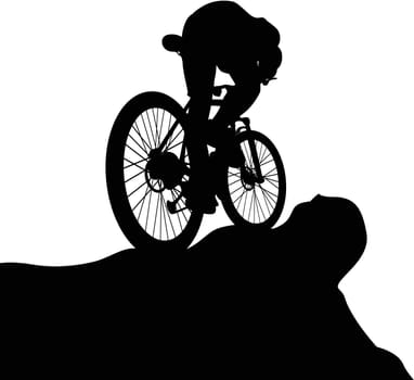 illustration of black color male silhouette on bicycle in mountain on white background