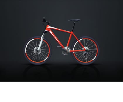illustration of red color realistic mountain bicycle with reflection on dark background