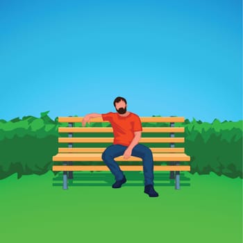 illustration of male colored silhouette sitting on wooden bench on green grass background with blue sky