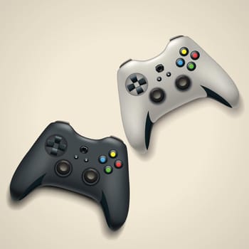 illustration of pair white and black color gamepads with shadows on bright background