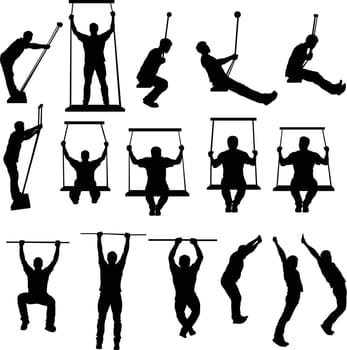 illustration of male silhouettes set of riding on swings in different poses