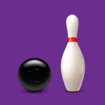 illustration of bowling bal and pin with shadows on violet background