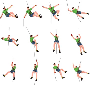 illustration of set male rock climber colored on white background