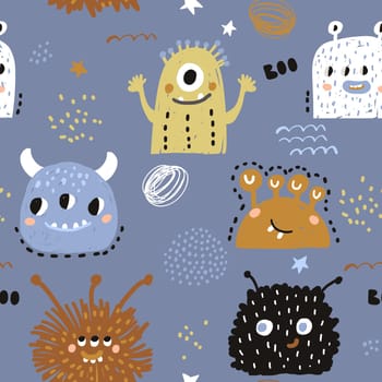 Childish seamless pattern with creative hand drawn monsters. Funny monsters vector background. Perfect for kids apparel, textile, fabric.