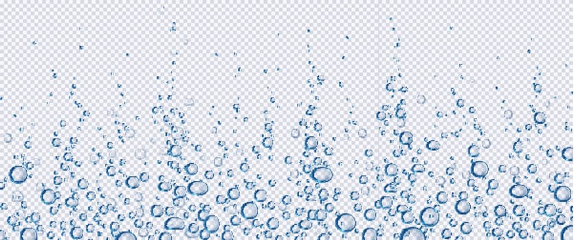 Air bubbles, effervescent water fizz border. Dynamic aqua motion, randomly moving underwater fizzing, soda drink frame design on transparent background, Realistic blue 3d vector illustration