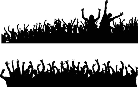 illustration of black silhouettes of dancing crowd on white background