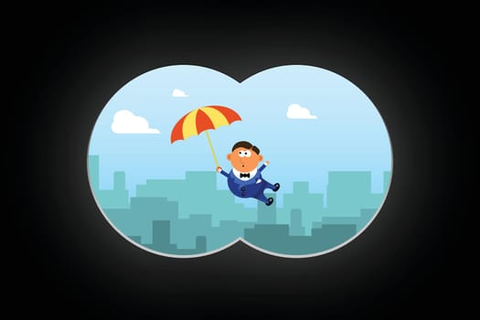 illustration of flying groom above the city on umbrella