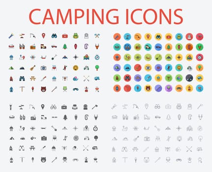 Camping icons set. Flat vector related icons with long shadow for web and mobile applications. It can be used as - logo, pictogram, icon, infographic element. Vector Illustration.