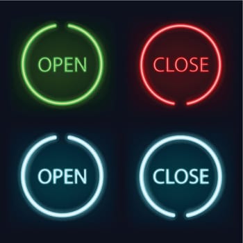 illustration of set of light glow buttons of open and close versions
