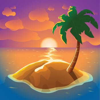 illustration of island in the sea with palm trees and clouds
