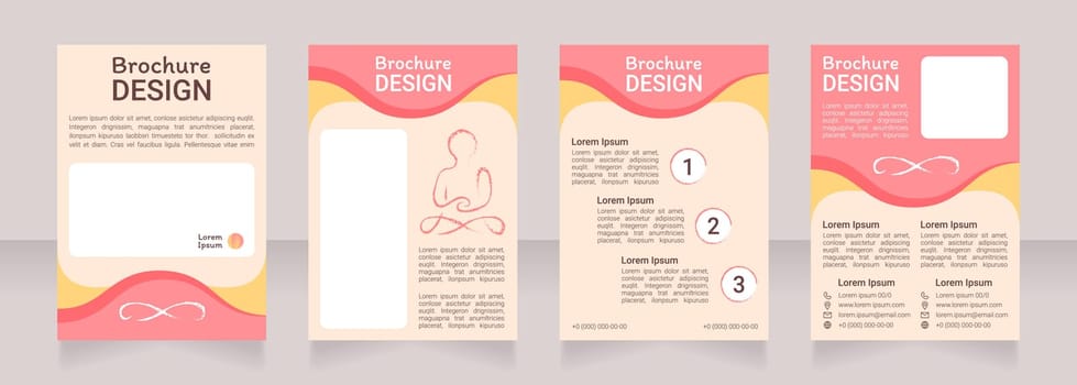 Yoga and meditation studio blank brochure design. Template set with copy space for text. Premade corporate reports collection. Editable 4 paper pages. Roboto Light, Medium, Itim Regular fonts used