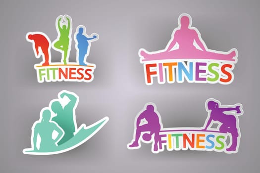 illustration of set of sport or fitness paper icon with silhouettes and shadow on grey background