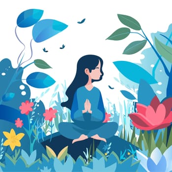 a girl in a blooming garden meditating. Mental health and recovery. Vector illustration.