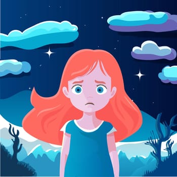a little girl on the street at night is afraid . Vector illustration