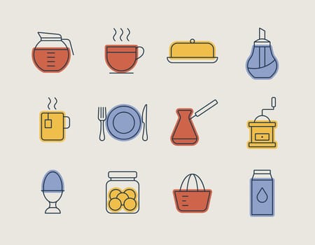 Breakfast and kitchen vector isolated icon set. Graph symbol for cooking web site and apps design, logo, app, UI