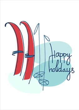 Happy holidays greeting lettering, vintage skis in the snow. Winter holidays concept. Winter outdoor activity concept. Ski resort banner, ad. Sporting goods store greeting card. Greeting card template