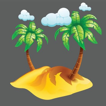 illustration of isolated sand island with palm trees and clouds on grey background