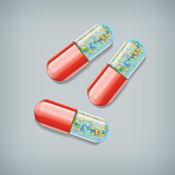 illustration of three red pills on grey background