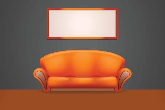 orange couch stand at wall with frame