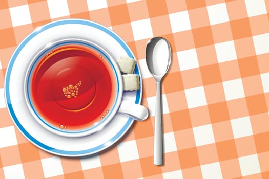 illustration of cup of tea on orange tablecloth