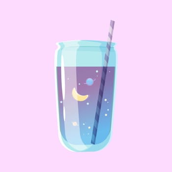 Bubble tea with the universe. Nice purple cocktail in a jar with a star and a planet and a month. Milky, fruity. 